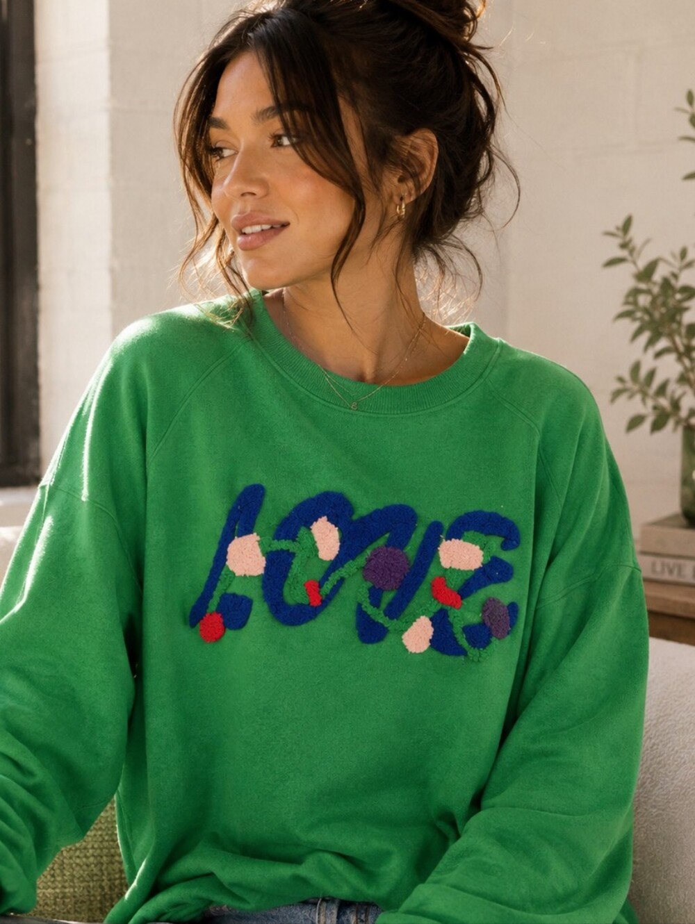 Just Madison Vibrant Green Sweater with Colorful 'LOVE' Design